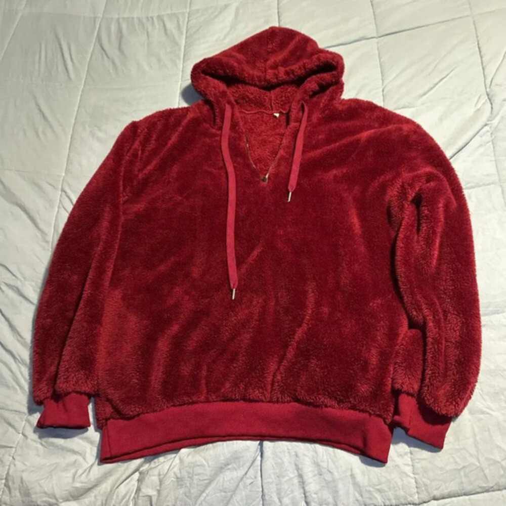 Plush Sherpa Hoodie Pullover Red Medium